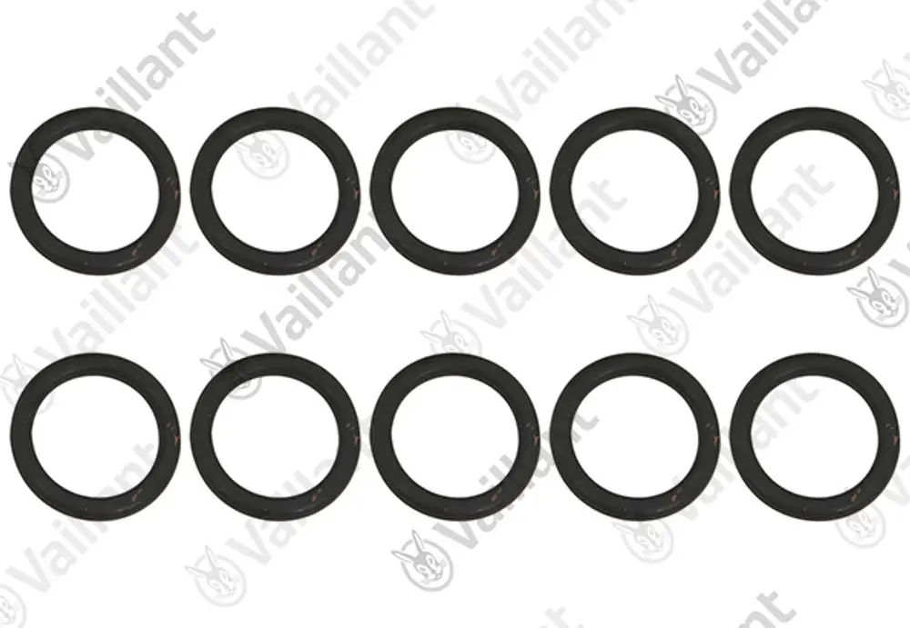 O-Ringe in schwarzer Farbe, angeordnet in zwei Reihen. Produkt von Vaillant, geeignet für verschiedene Anwendungen in Heizungs- oder Sanitärsystemen.